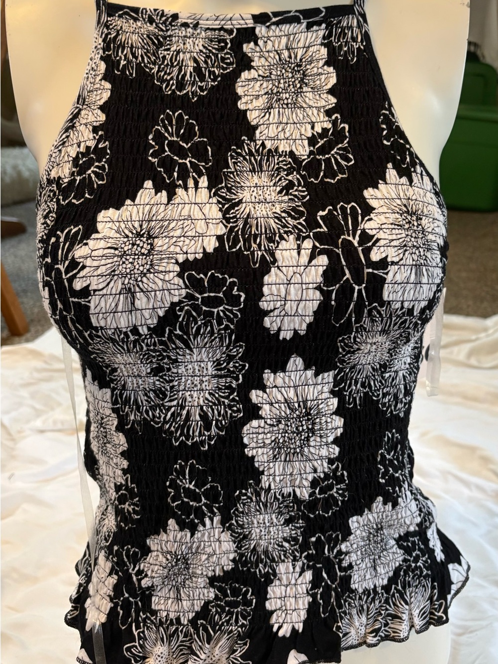 Kohl's Black and White Floral Smocked Halter Camisole